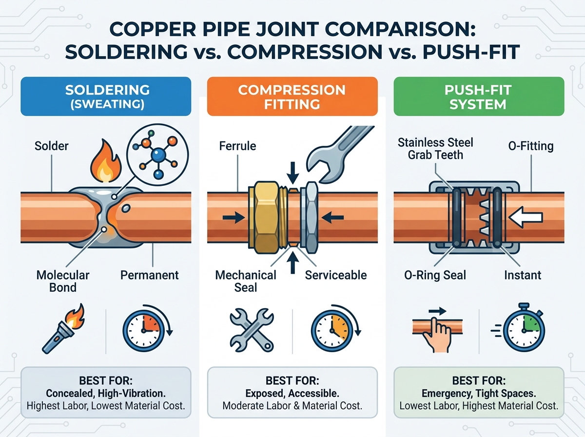 Copper pipe joint comparison and installation
